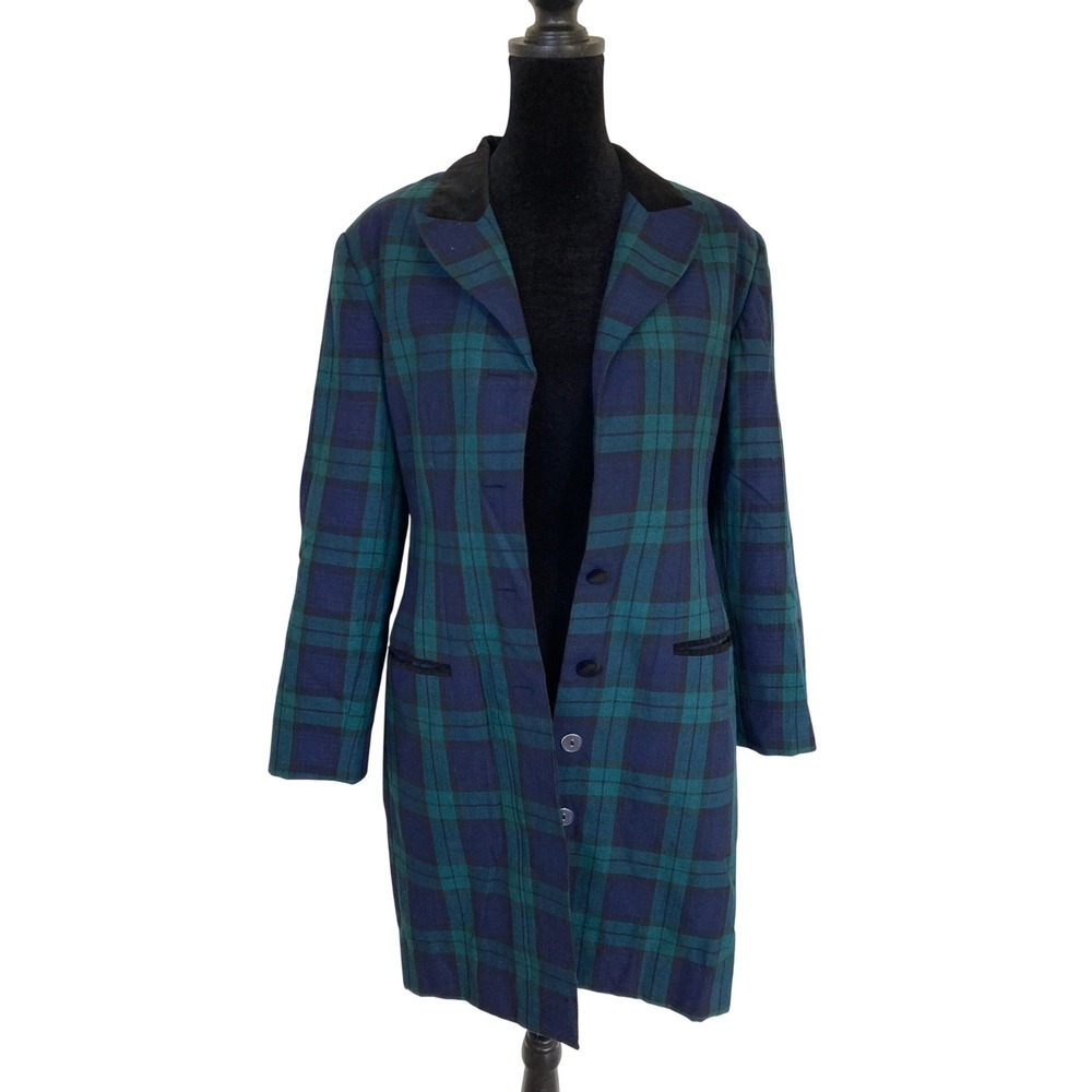 Stephanie Andrews Black Watch Plaid Longline Blazer Coat Velvet Collar 6 Petite